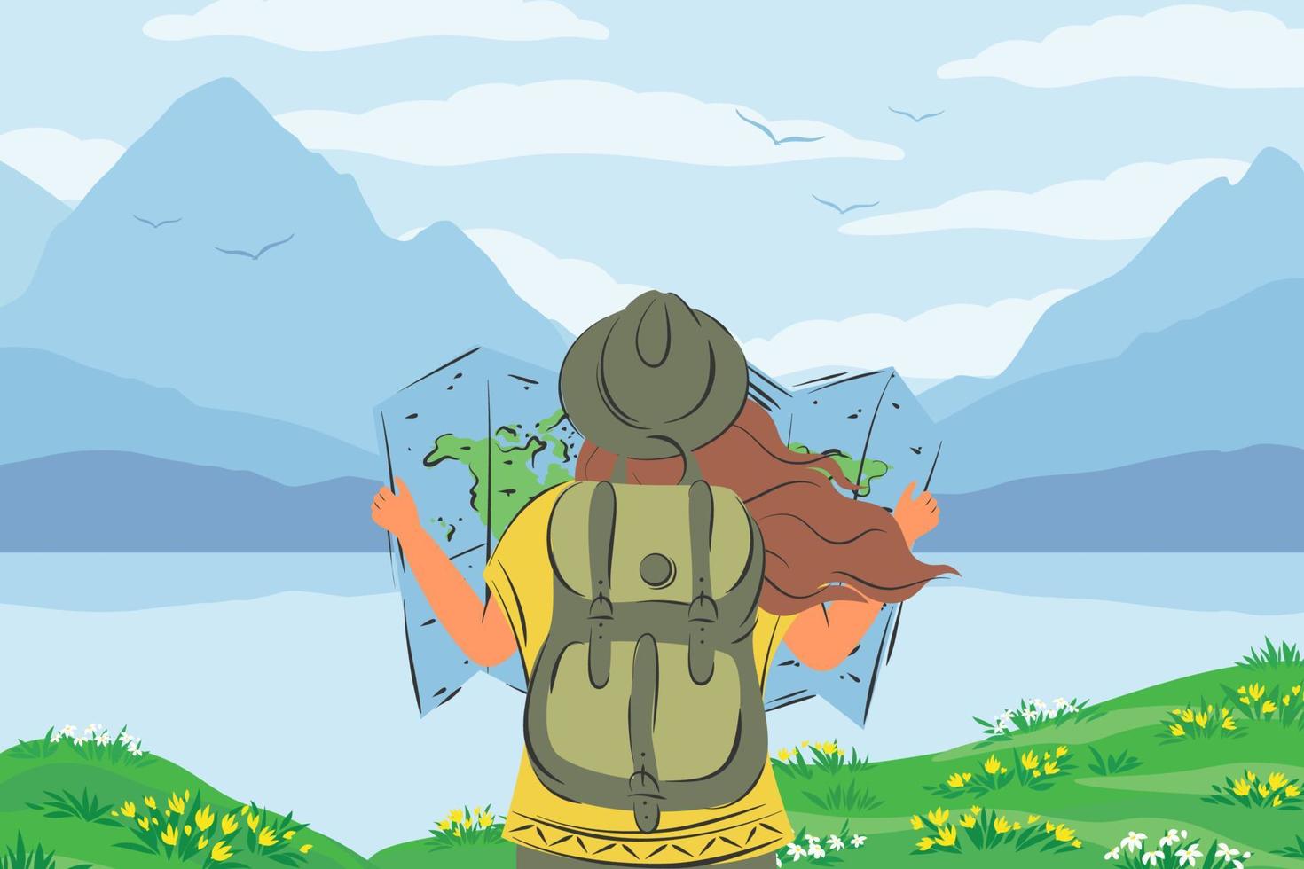 Woman with backpack and map world in her hands ready for traveling . Female tourist in hiking clothes. Travel concept, hiking tour, vacation, activity holiday. Vector illustration