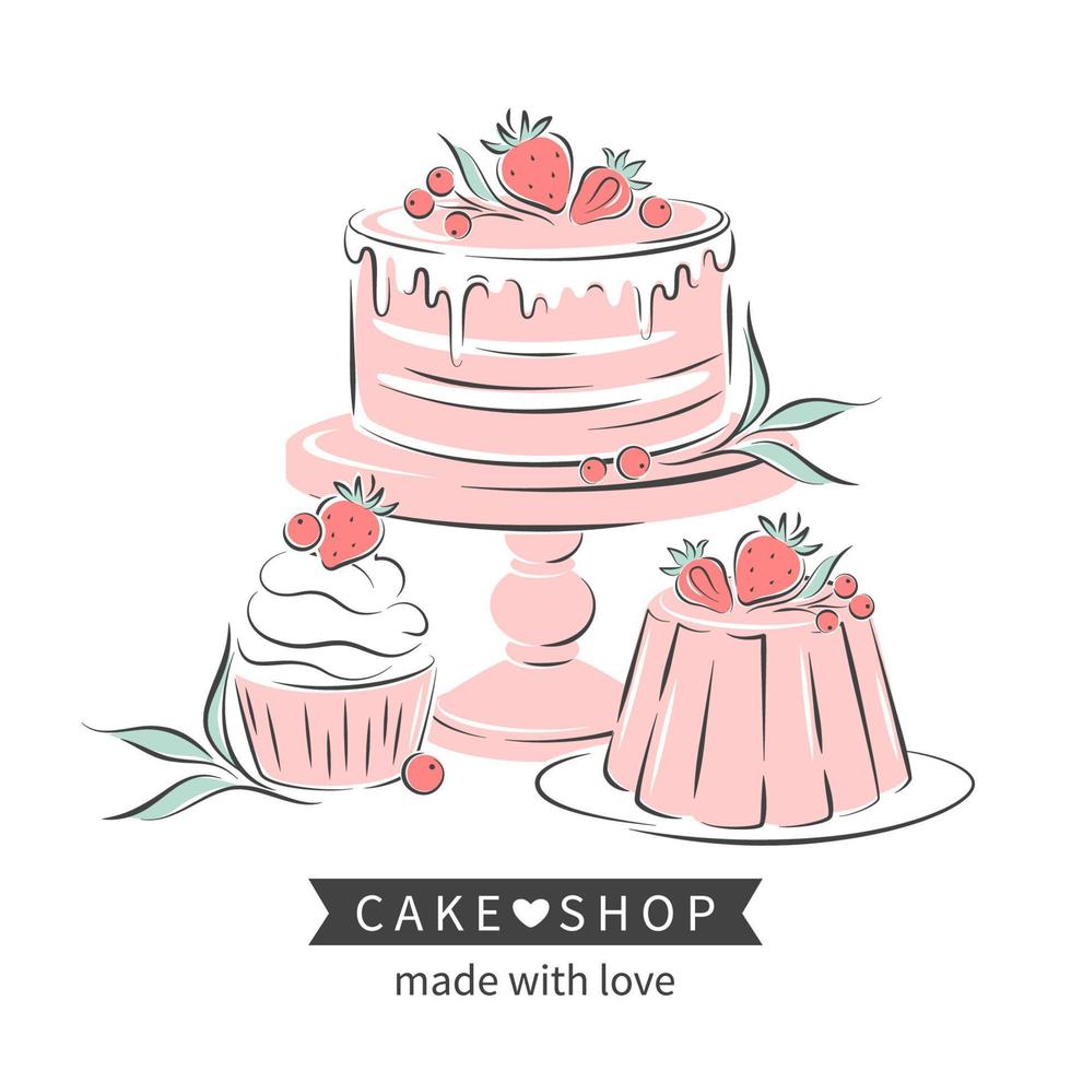 Cake shop logo. Cake, cupcake and berries. Vector illustration
