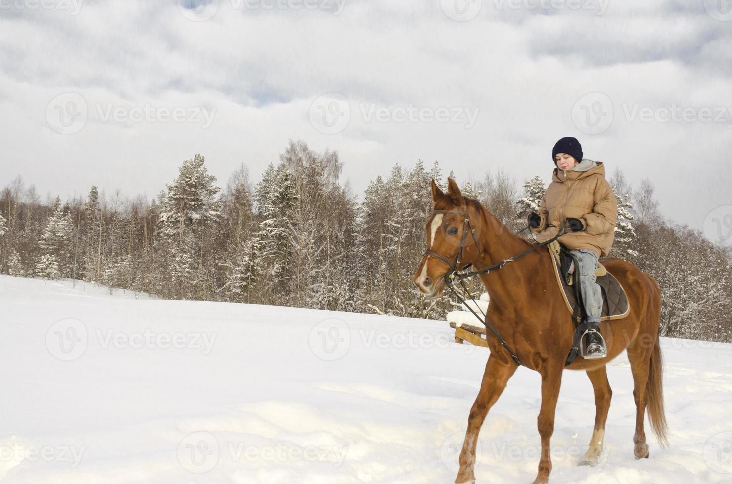 a girl rides a horse in the winter. winter holidays photo