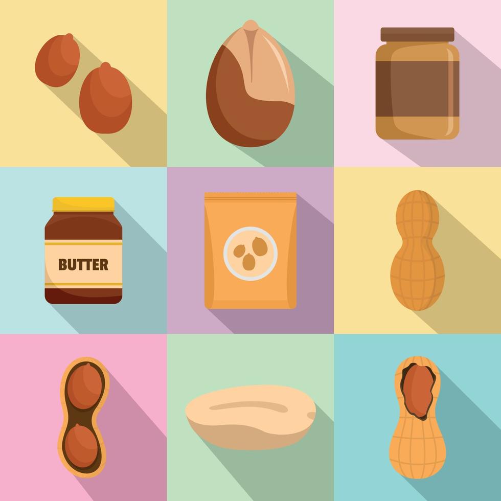 Peanut nuts butter jar icons set, flat style vector