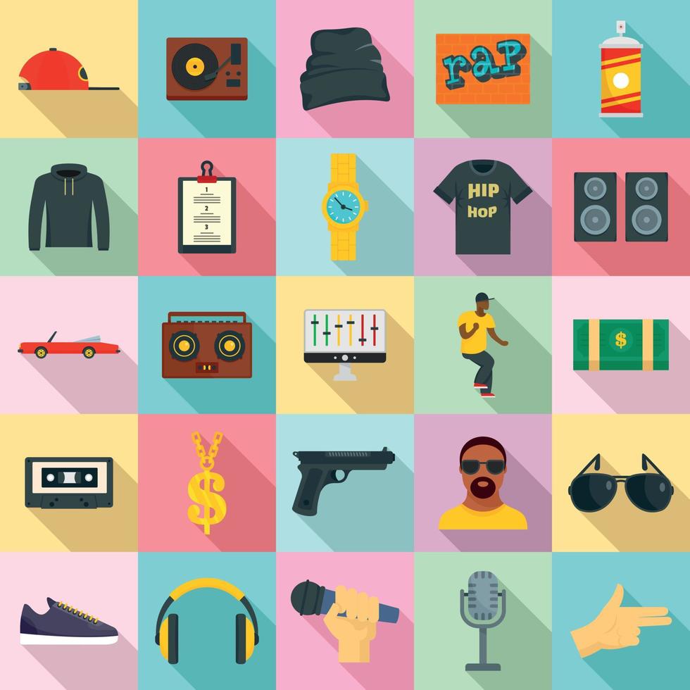 Hiphop rap swag music dance icons set, flat style vector