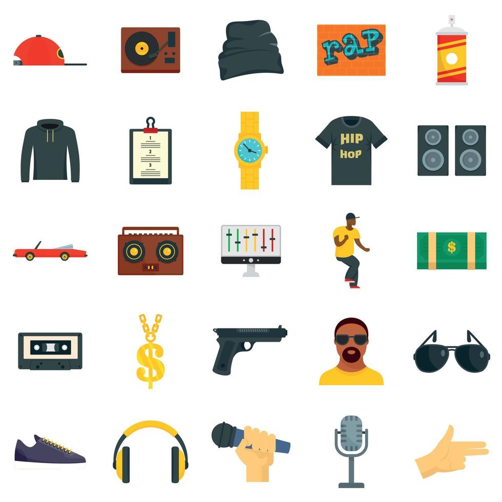 Hiphop rap swag music dance icons set, flat style vector