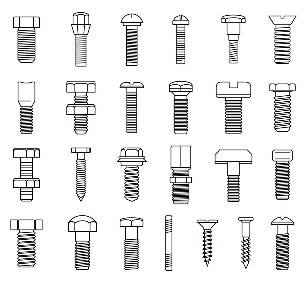 Screw-bolt industrial icons set, outline style vector