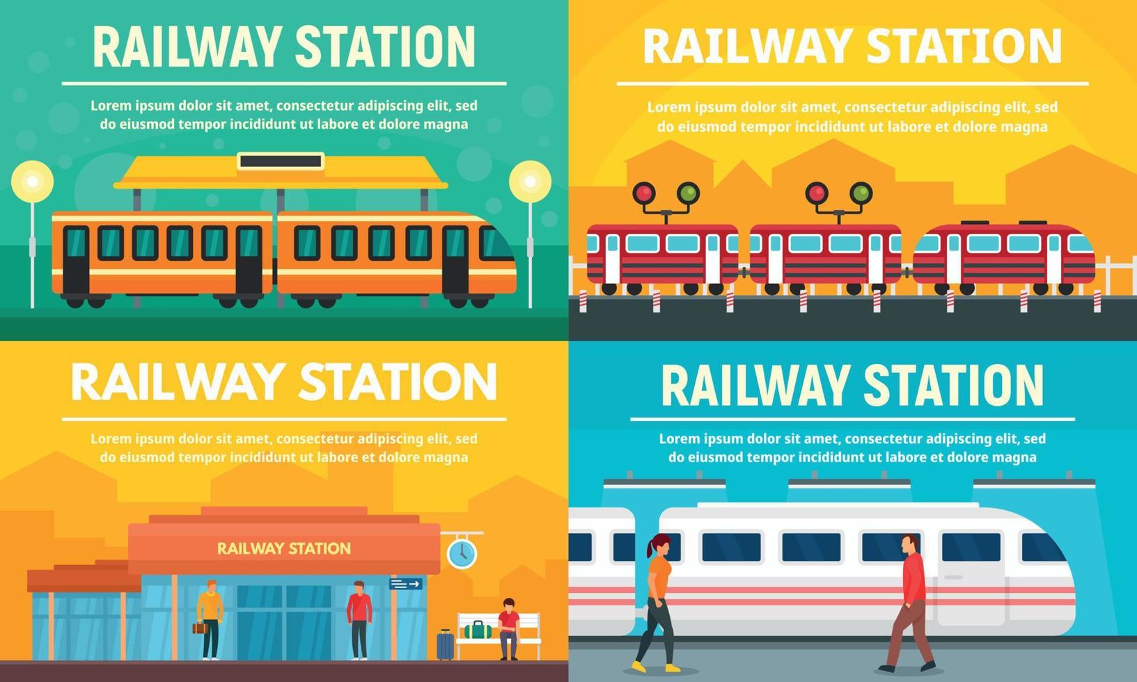 Railway station banner set, flat style vector