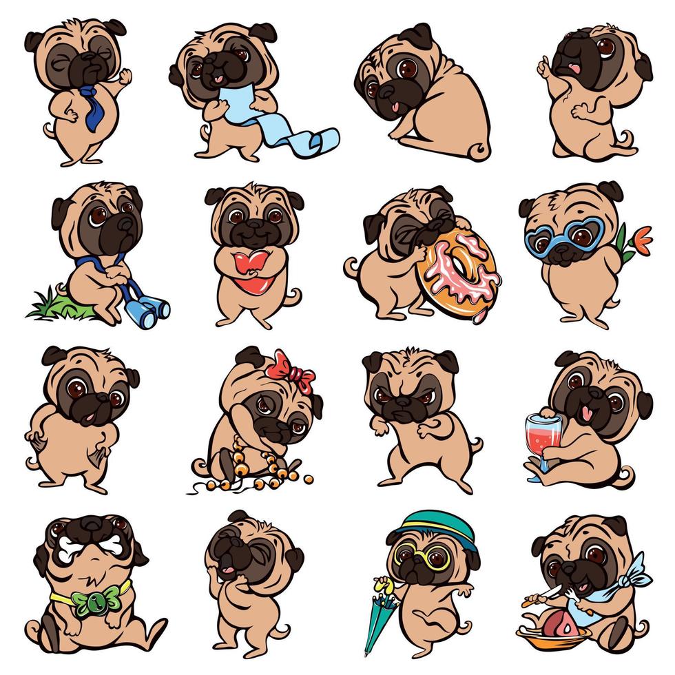 Pug icons set, cartoon style vector