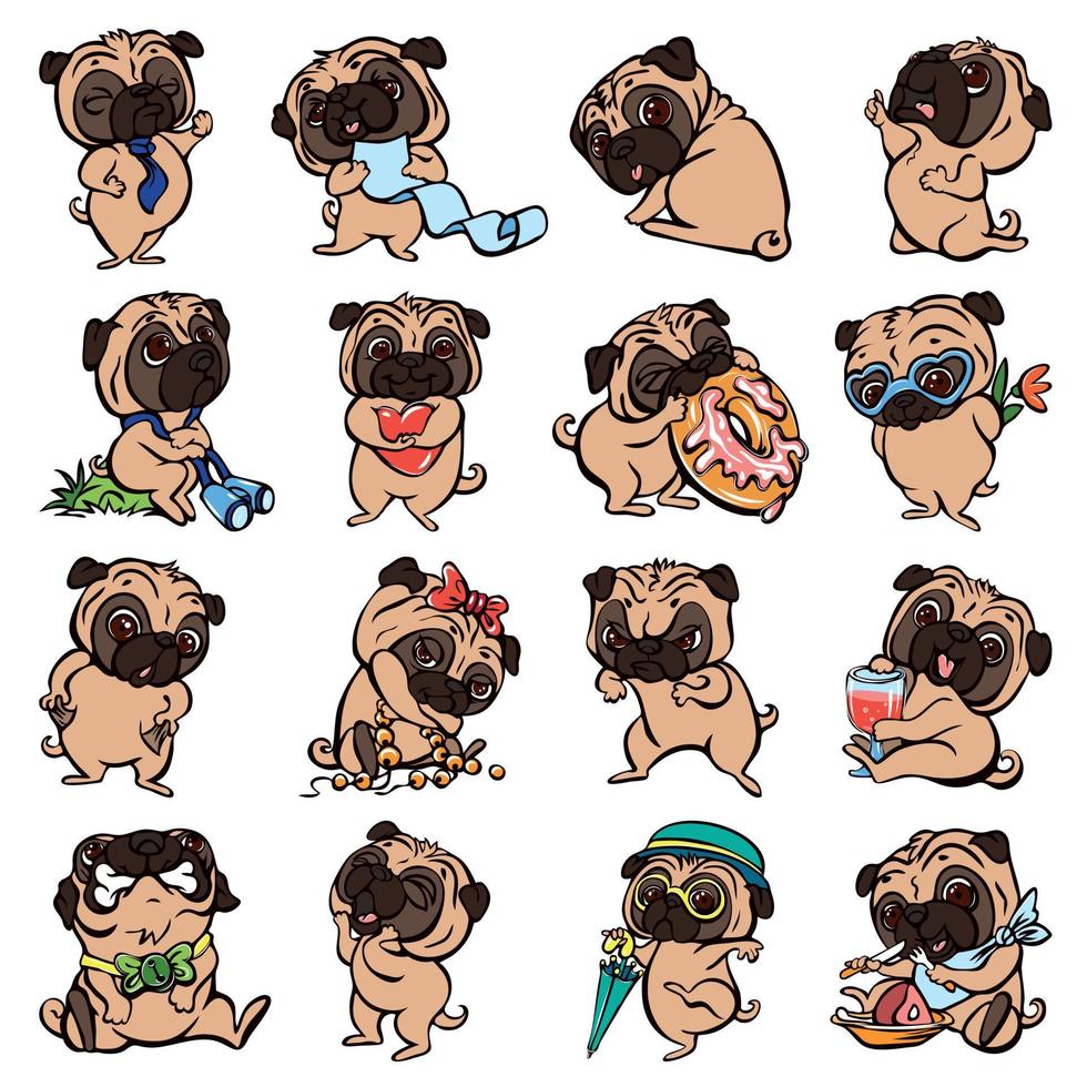 pug, conjunto de iconos de estilo de dibujos animados vector