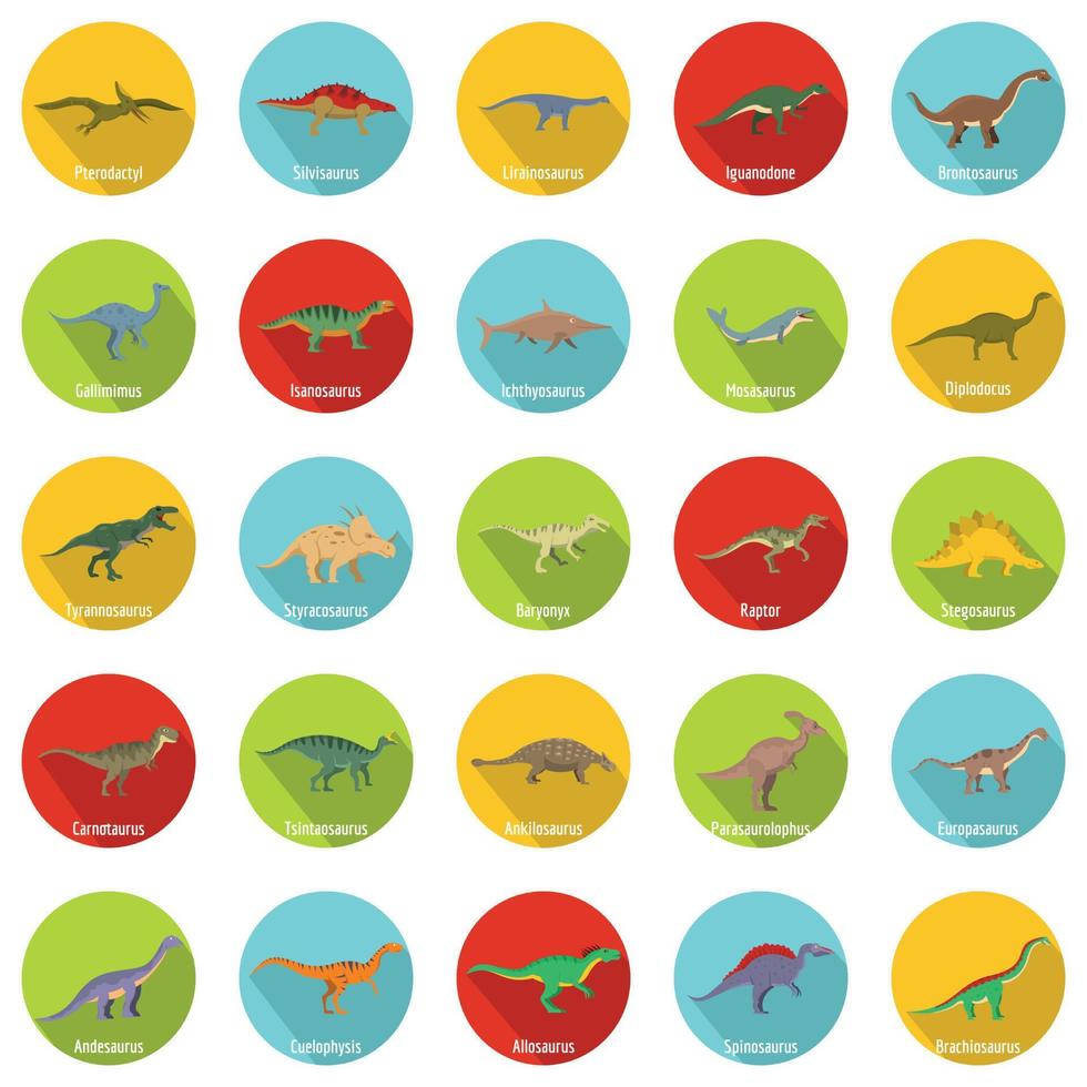 Dinosaur types signed name icons set, flat style vector