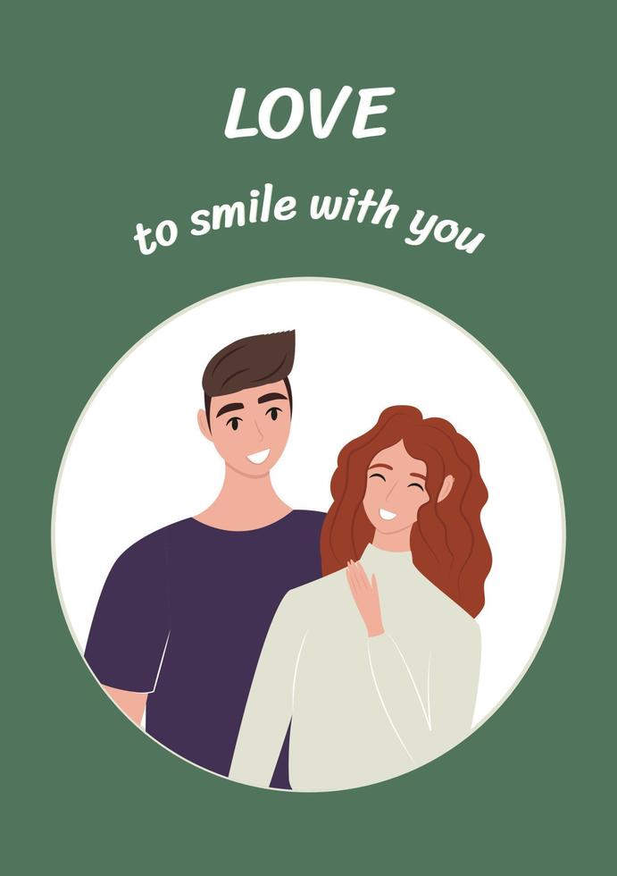 Woman man standing together flat. Young happy man and woman are having fun and laughing. Templates for design, postcard. Cute vector illustration in flat style.