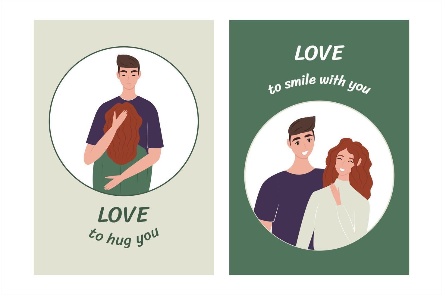 juego de tarjetas de vibraciones de amor. joven feliz hombre y mujer se divierten, ríen, abrazan. pareja enamorada. dos postales, plantilla para diseño. linda ilustración vectorial en estilo plano. vector