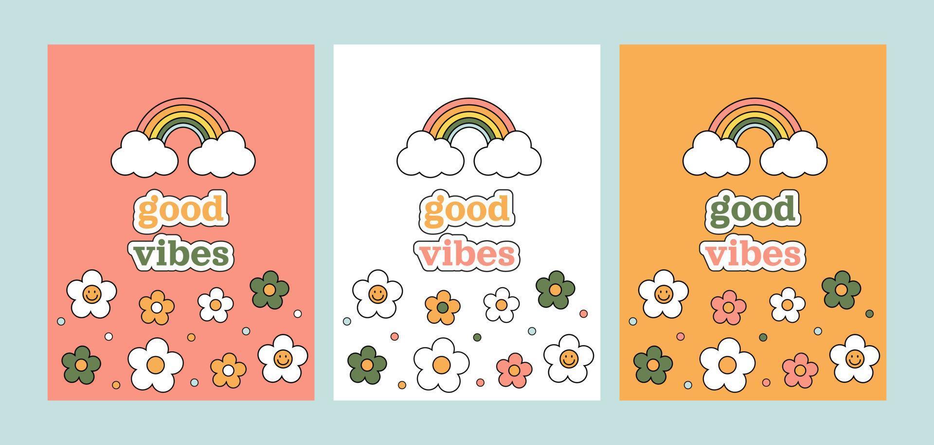 Good vibes 1970 set. Three postcards with colorful cartoon daisies and rainbow. 70s vibes background. Trippy hand drawn vector illustration.