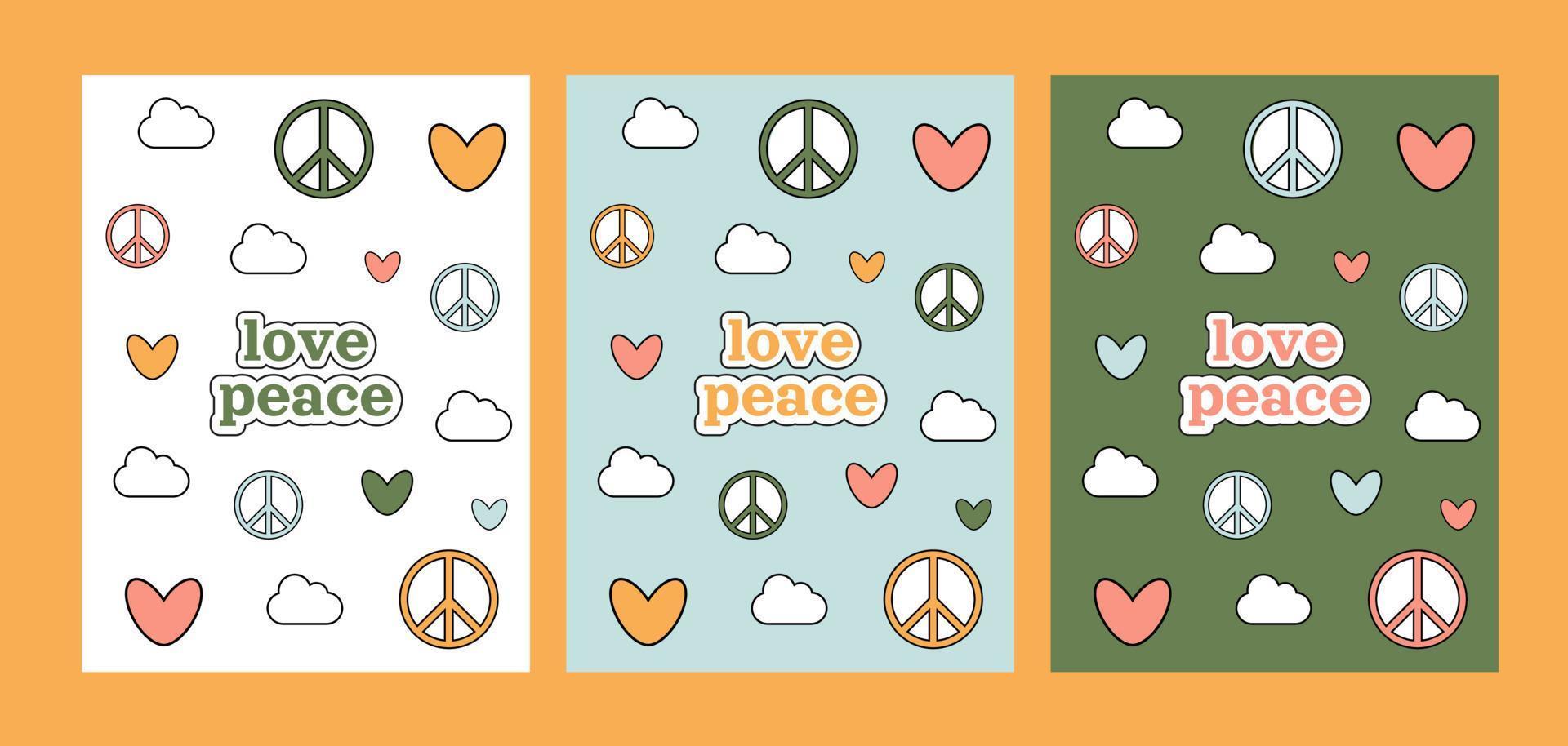 Love peace groovy 1970 set. Three postcards with colorful cartoon hearts and symbols peace. 70s vibes background. Trippy hand drawn vector illustration.