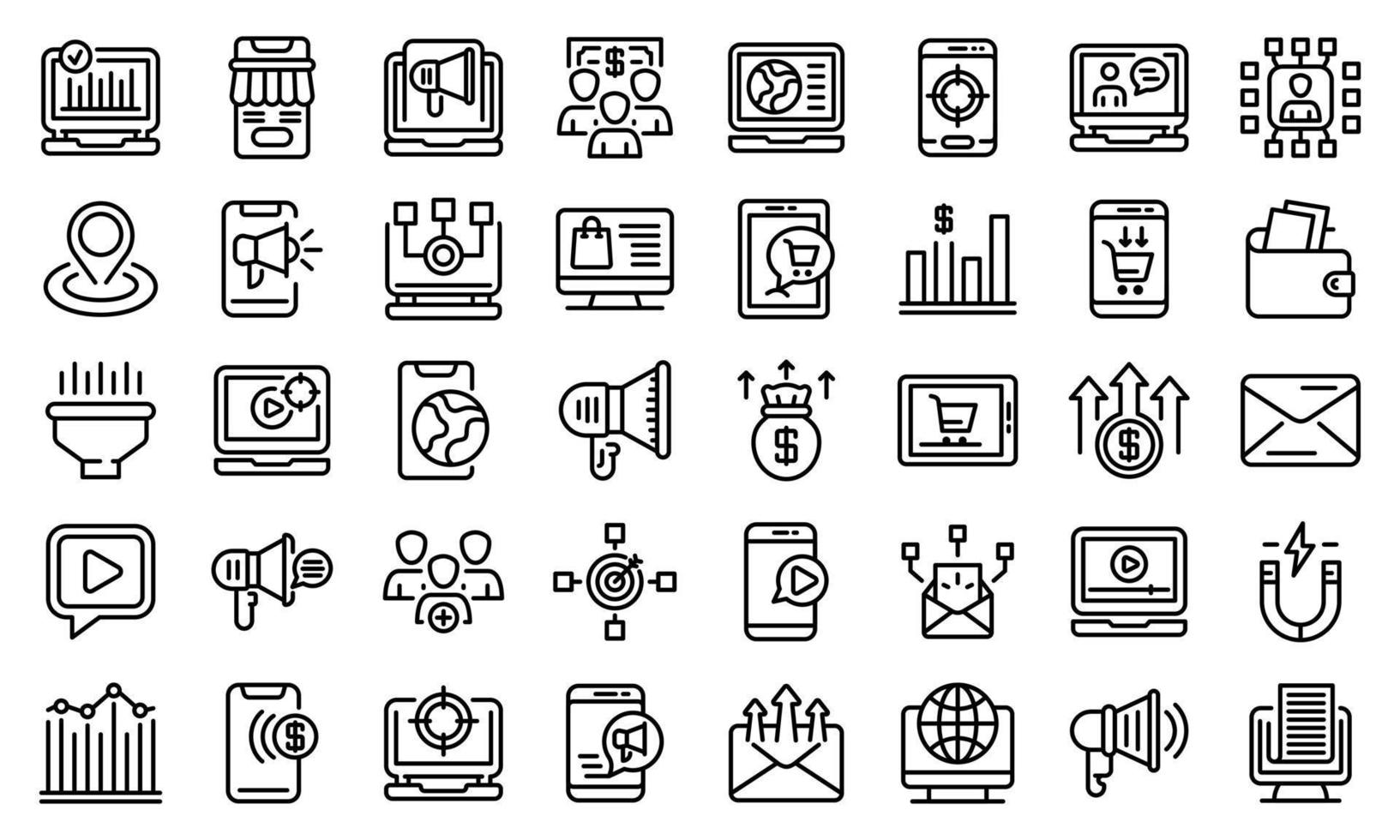 Online marketing icons set, outline style vector