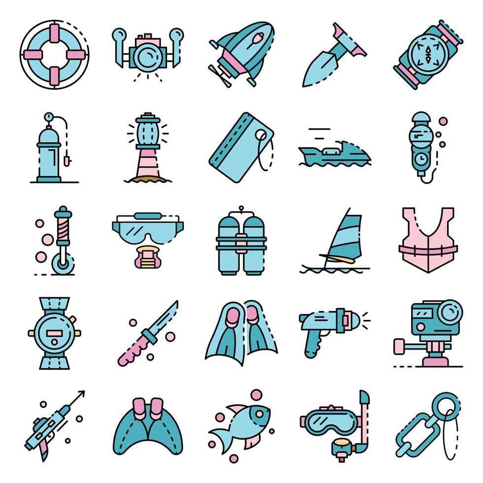 Snorkeling equipment icons set line color vector