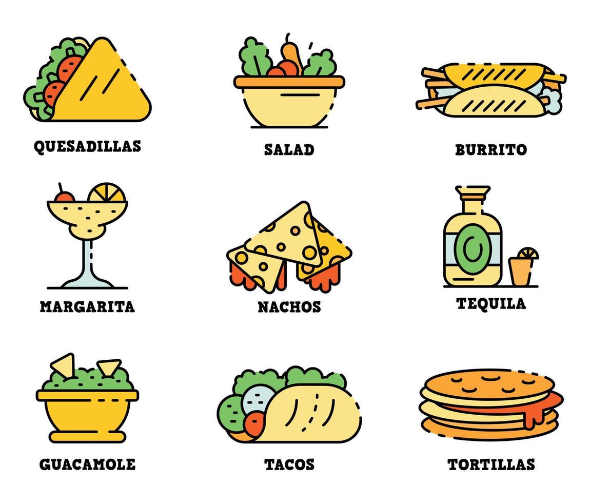 Mexican food icons set line color vector