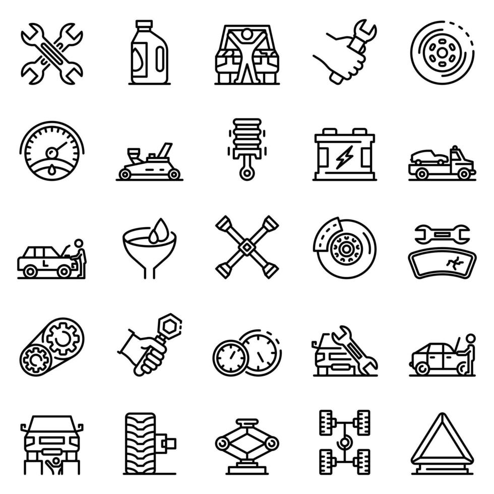 conjunto de iconos mecánicos de automóviles, estilo de contorno vector