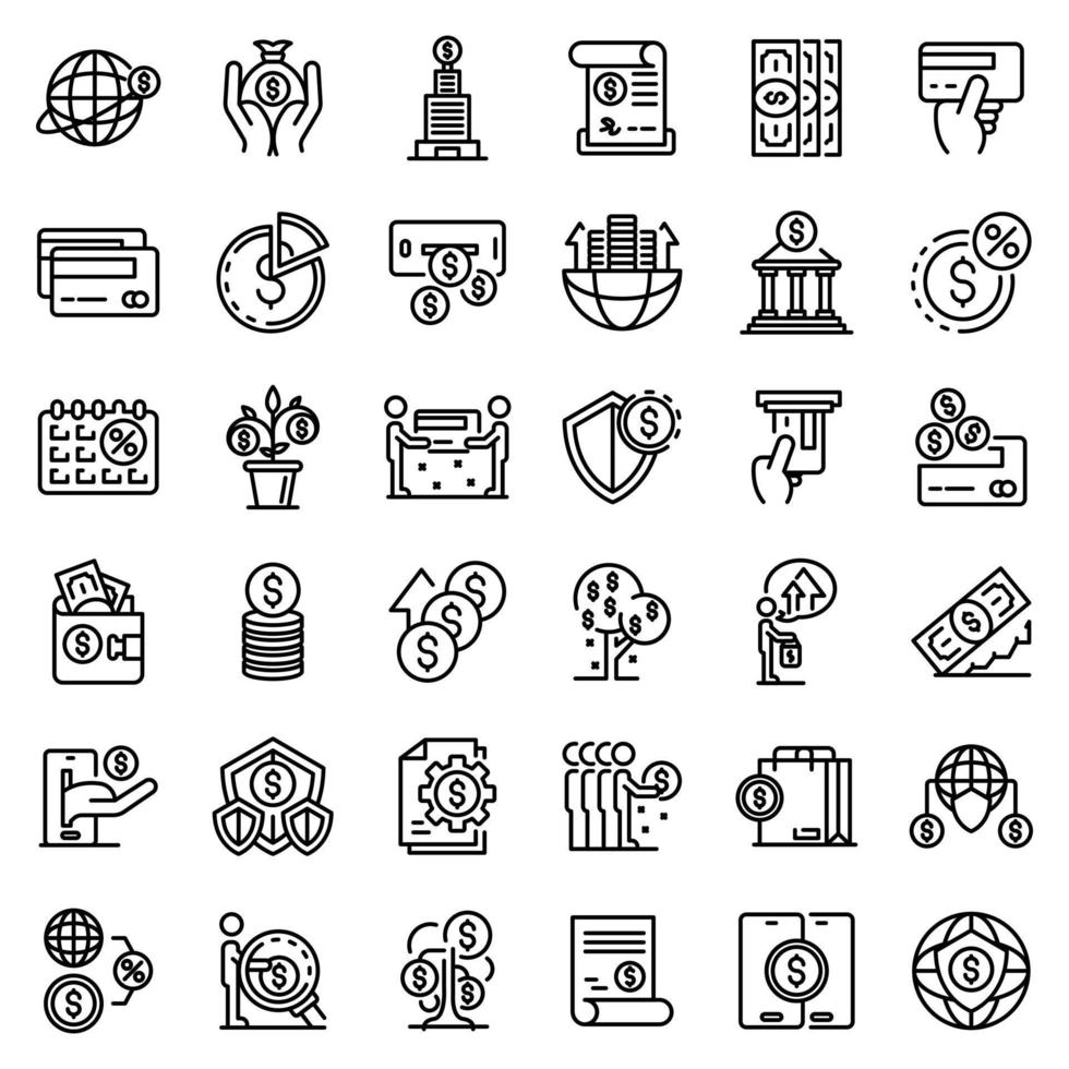 Credit union icons set, outline style vector