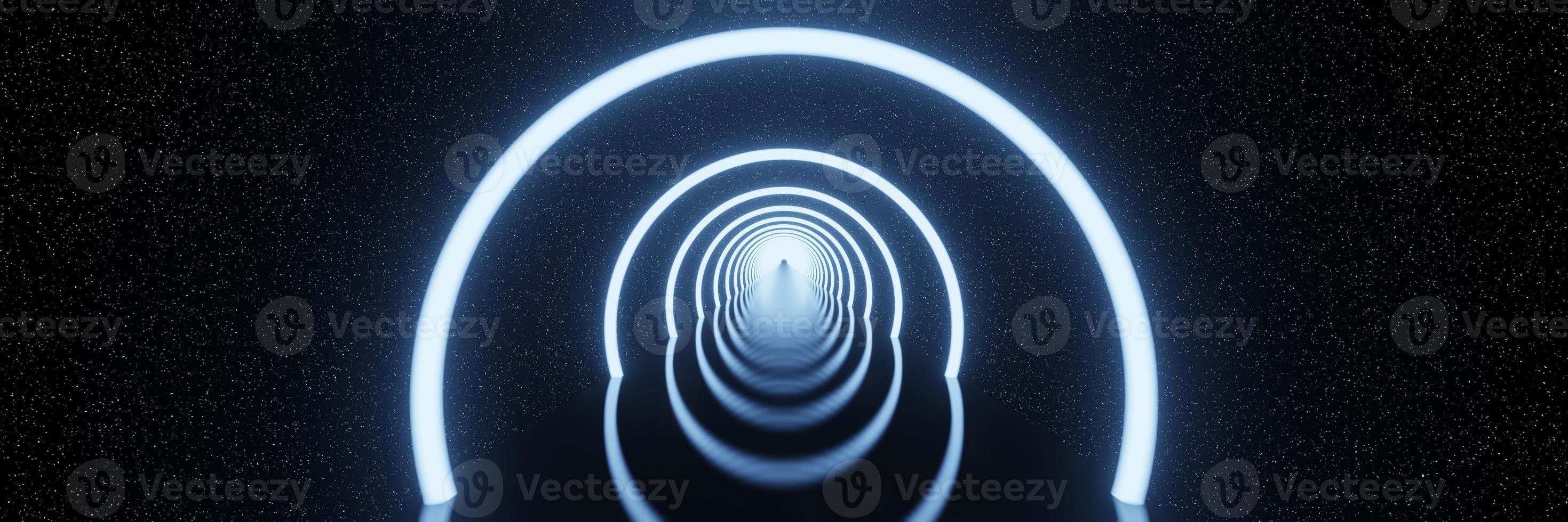 Abstract futuristic glowing Circles Neon light tunnel star space background panorama 3D rendering photo