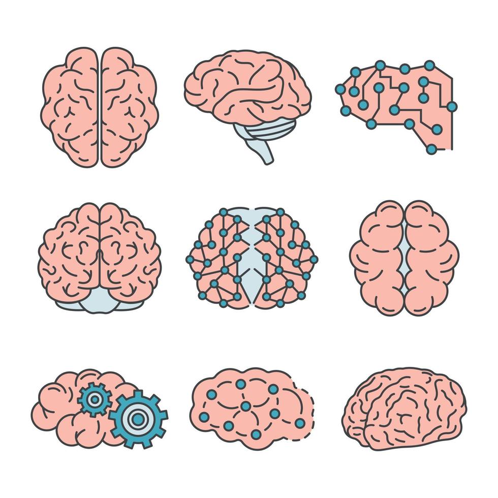 conjunto de iconos de cerebro de memoria, estilo de esquema vector