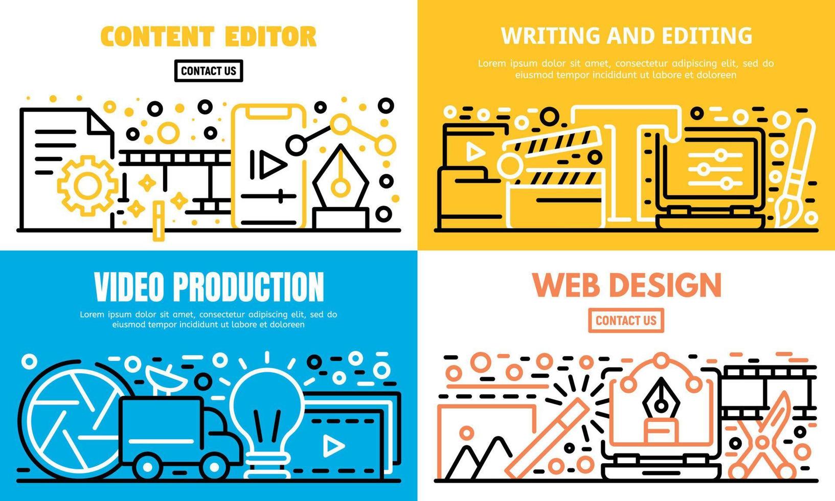 Content editor banner set, outline style vector