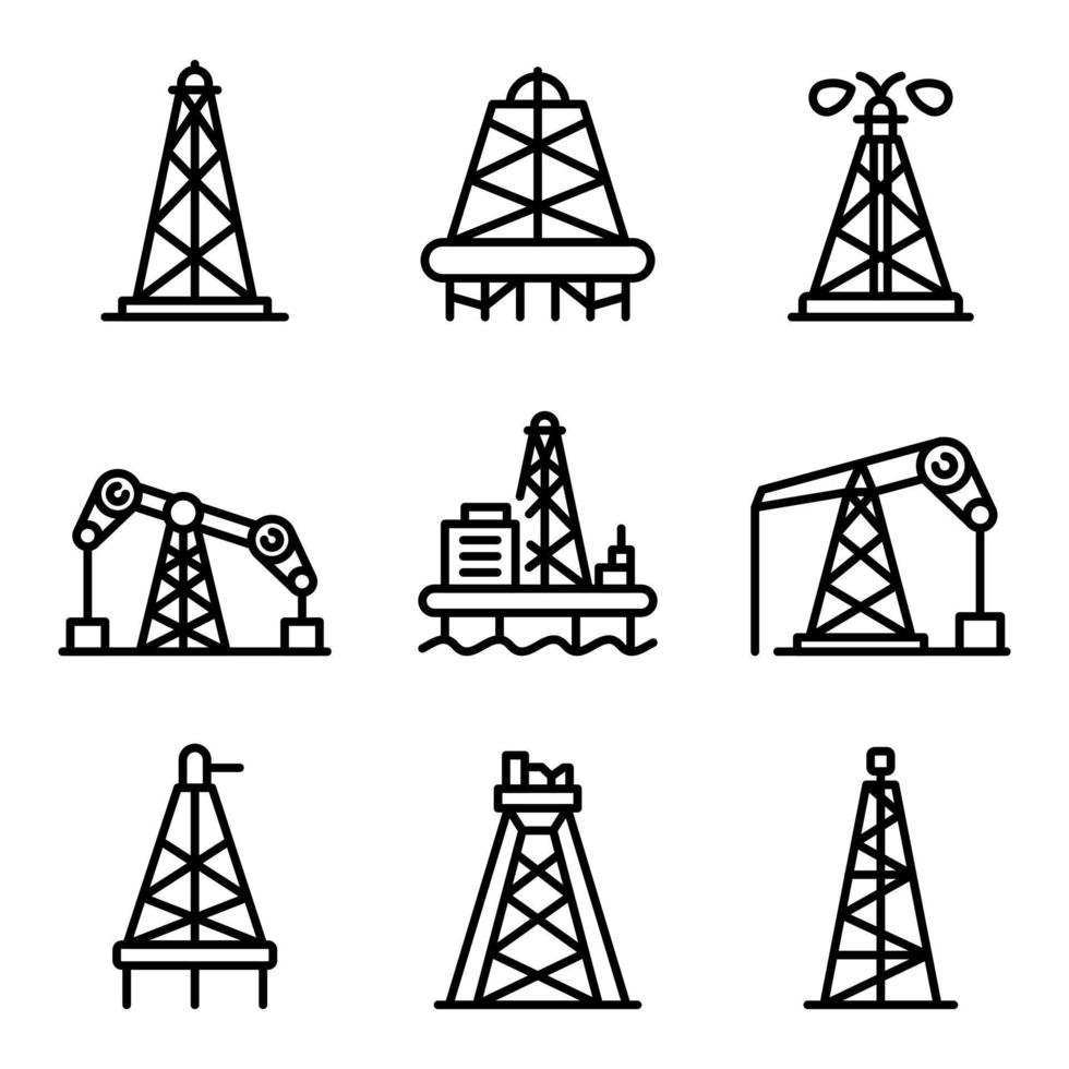 conjunto de iconos de aceite de torre de perforación, estilo de esquema vector