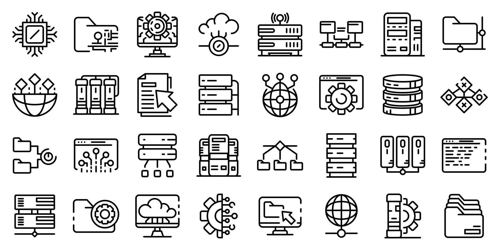 Data center icons set, outline style vector