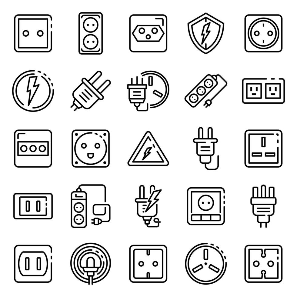 Power socket icons set, outline style vector