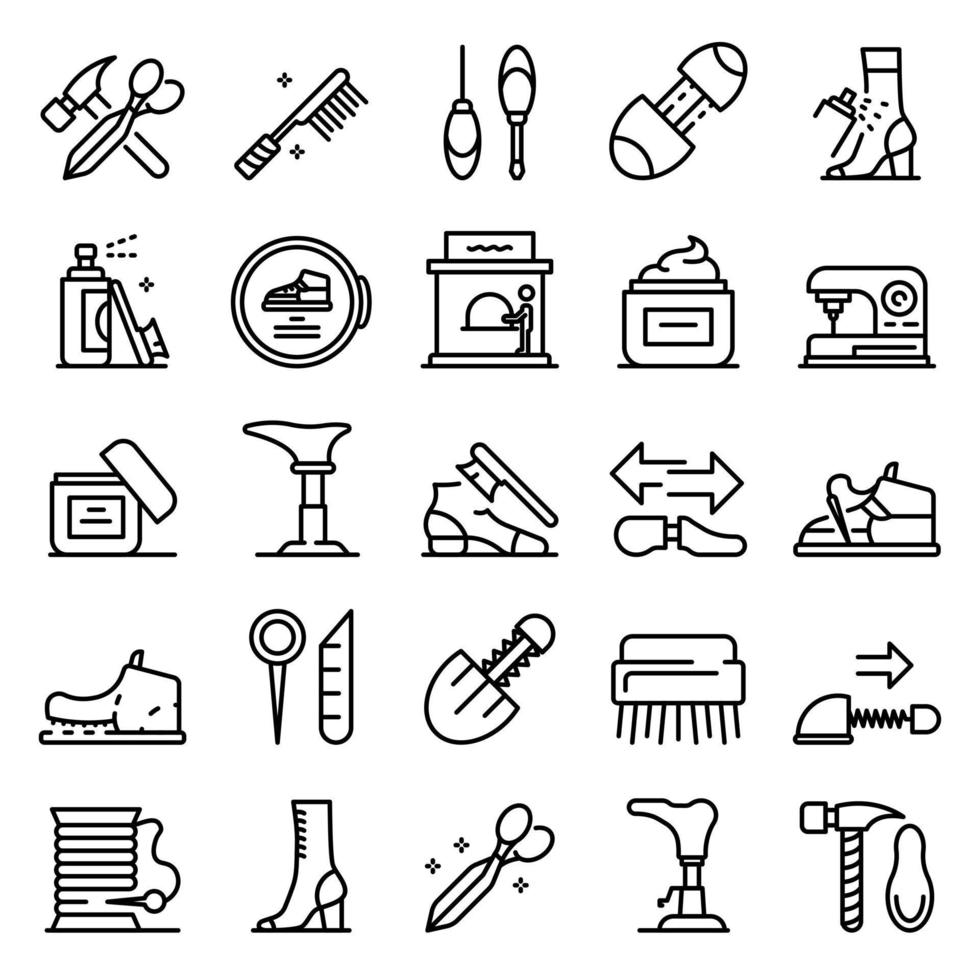 Shoe repair icons set, outline style vector