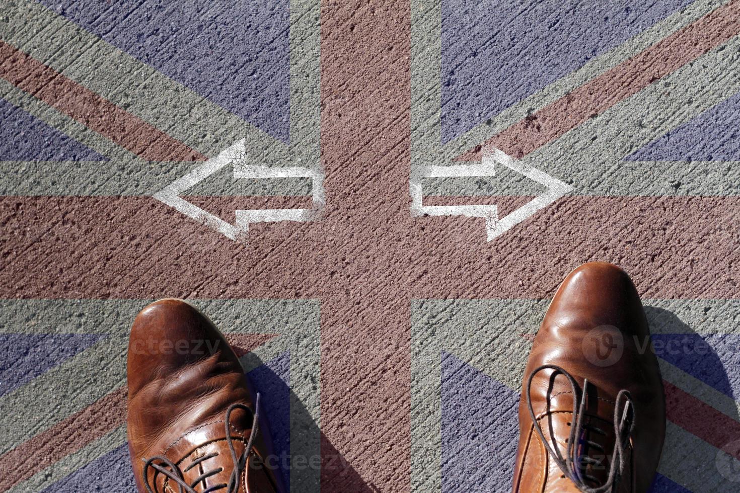 Brexit or No Brexit. Looking down at a pair of shoes and the Union Jack. photo