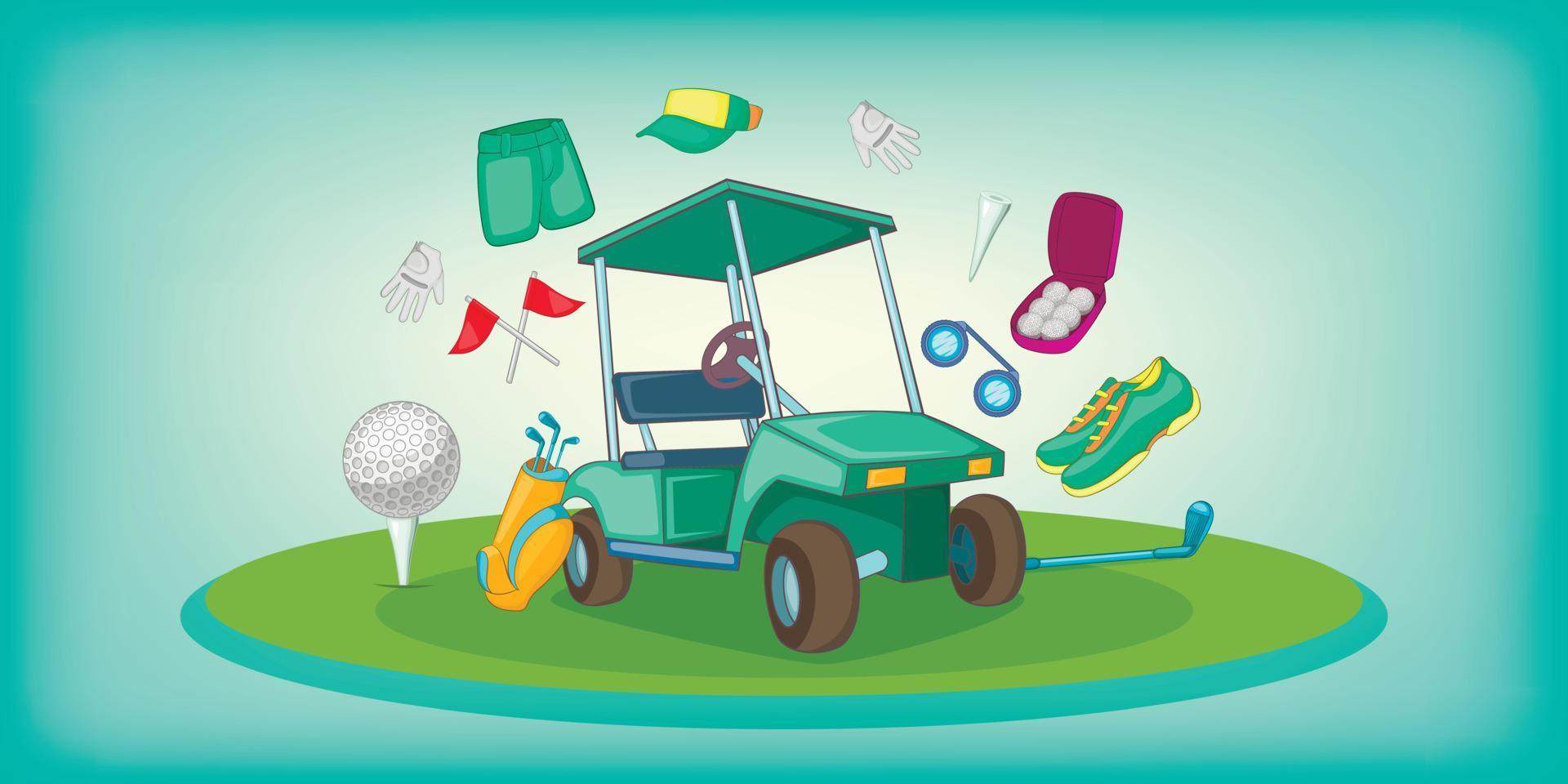 Golf symbols horizontal banner, cartoon style vector