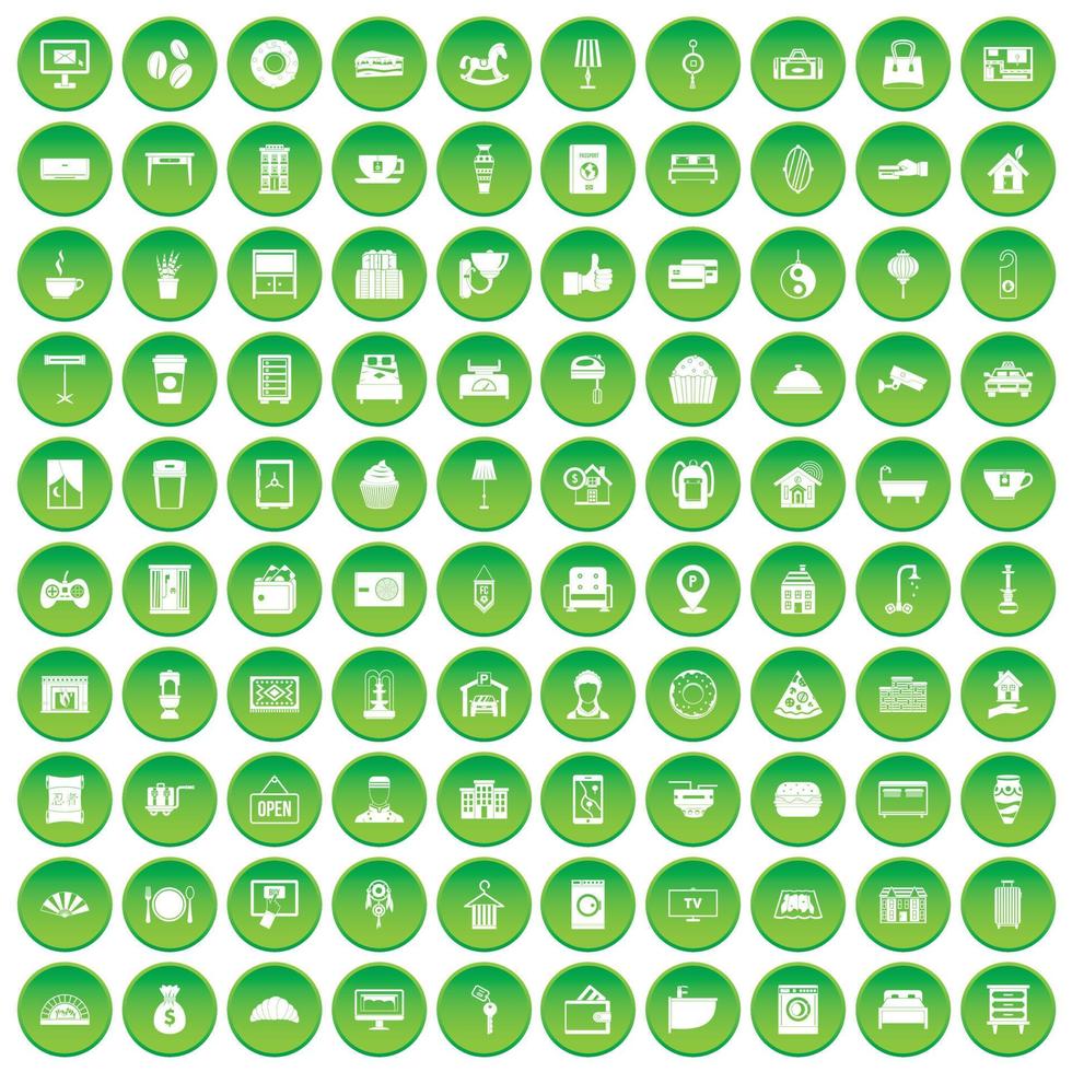 100 hotel icons set green circle vector