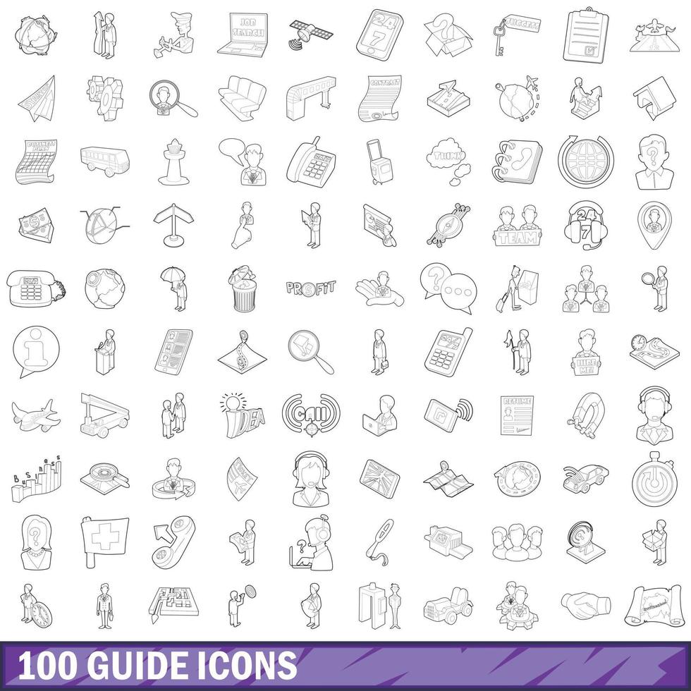 100 iconos de guía establecidos, estilo de esquema vector