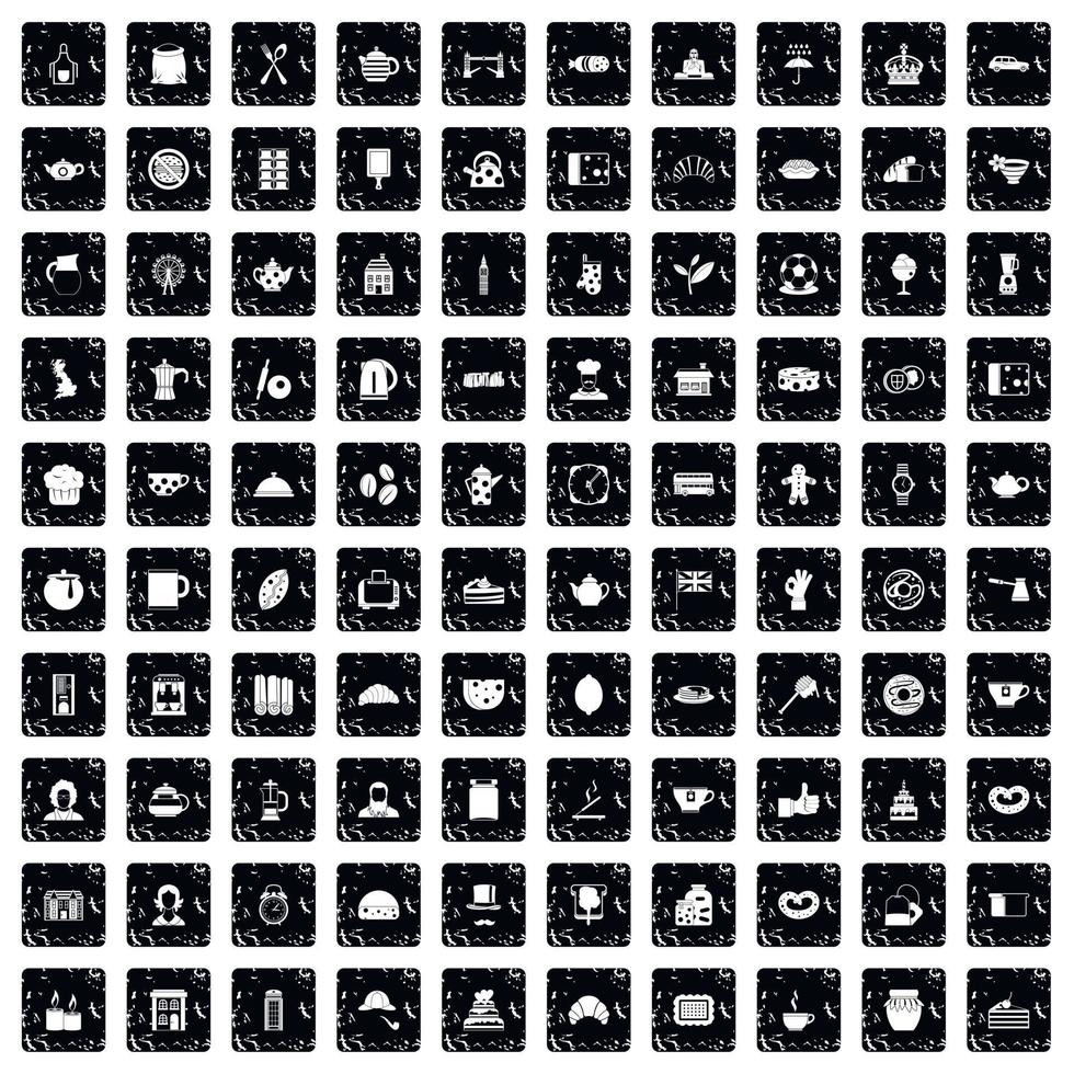 100 tea time food icons set, grunge style vector