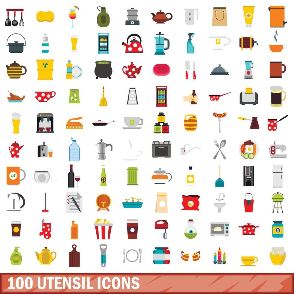 100 iconos de utensilios, estilo plano vector