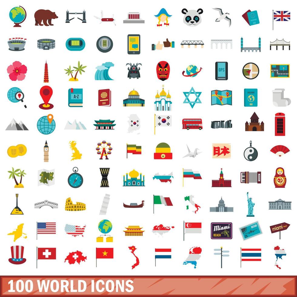 100 iconos del mundo, estilo plano vector