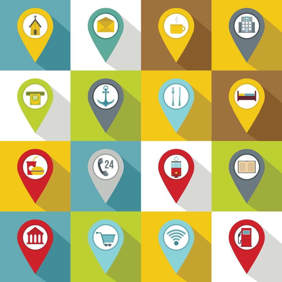 Points of interest icons set, flat style vector
