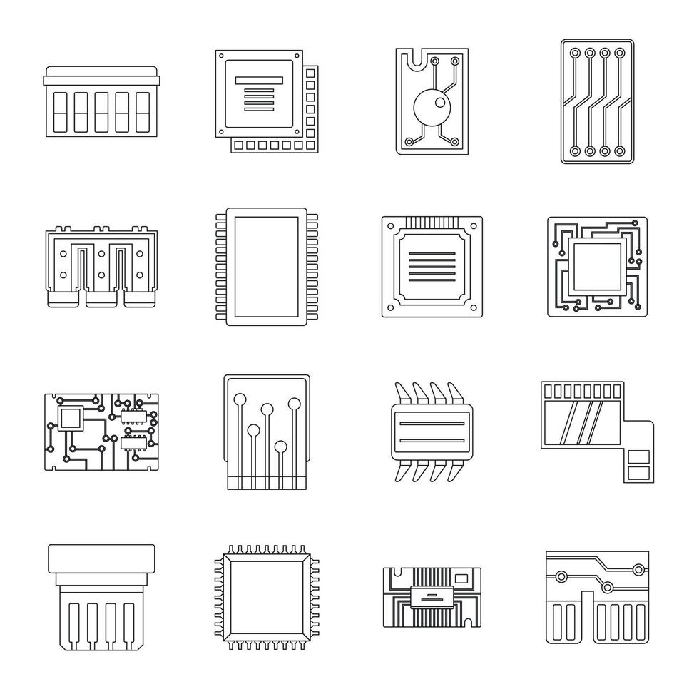 Computer chips icons set, outline style vector