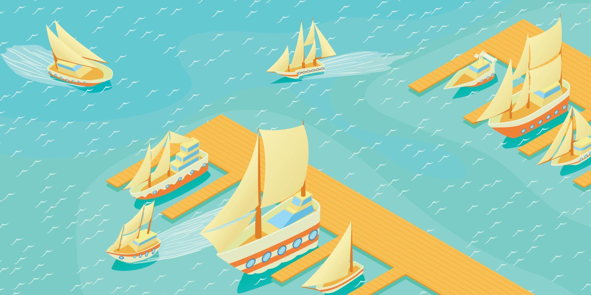 Yachts pier horizontal banner, cartoon style vector