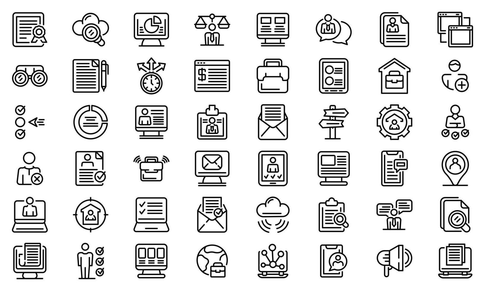 Online job search icons set, outline style vector