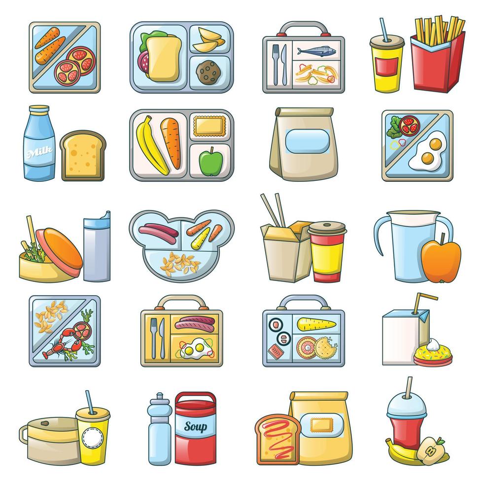 Lunch break lunch food icons set, cartoon style vector