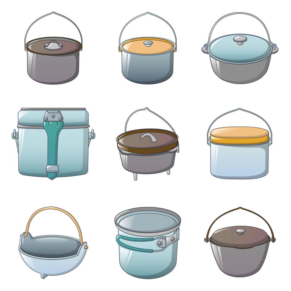 Cauldron kettle halloween icons set, cartoon style vector