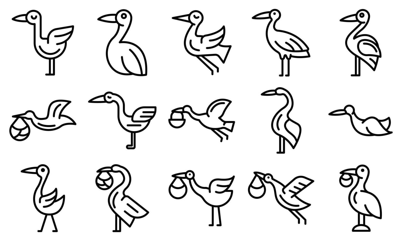 Stork icons set, outline style vector