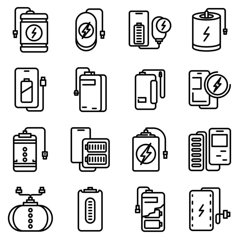 Power bank icons set, outline style vector