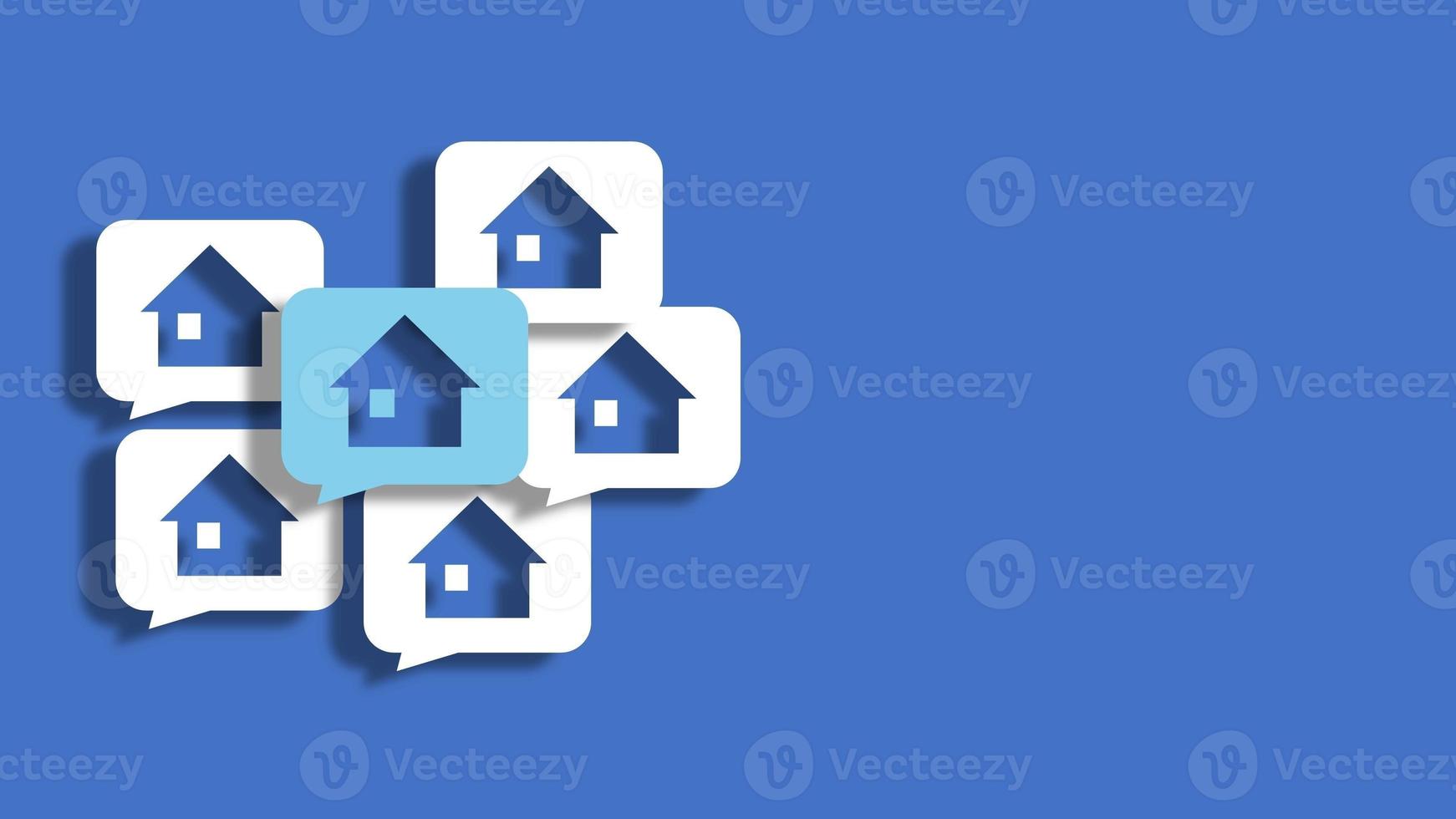 Pile of house building icons in speech bubble isolated on blue background. 3D Rendering photo