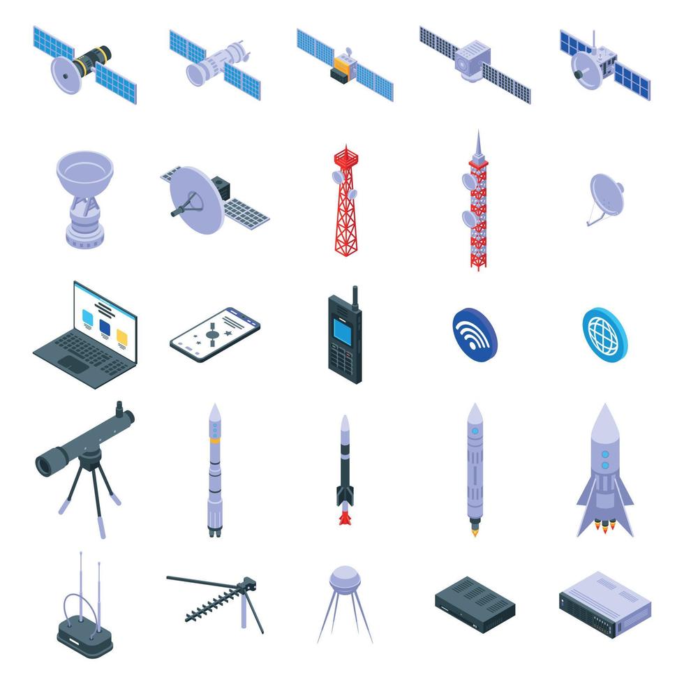 conjunto de iconos de satélite, estilo isométrico vector