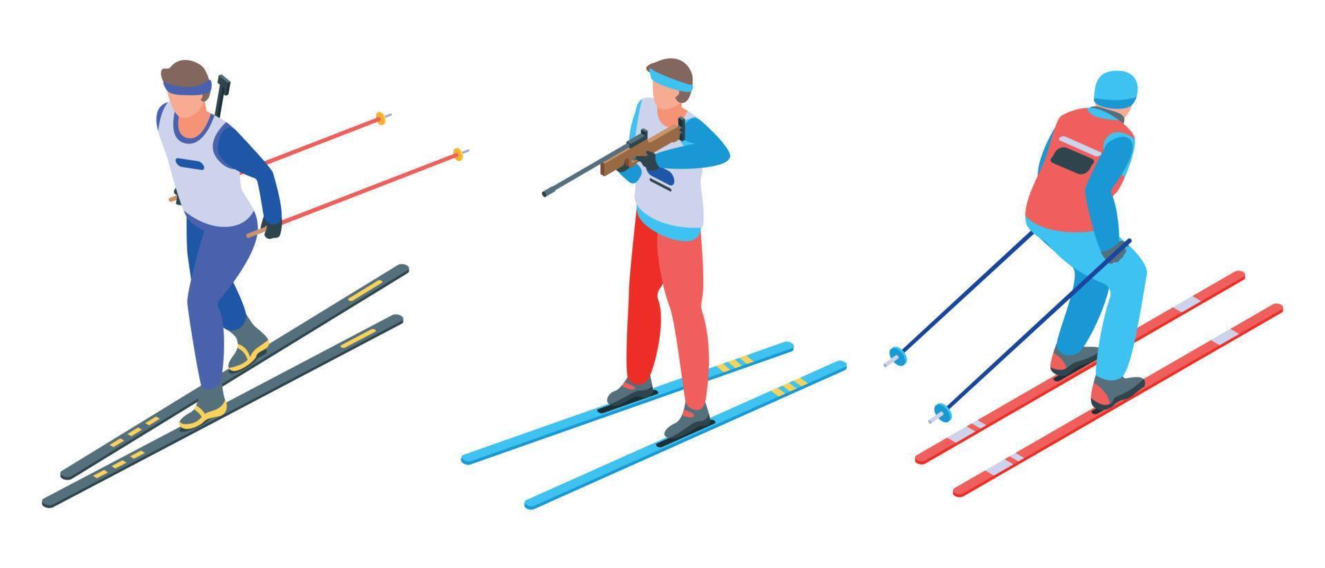 Biathlon icons set, isometric style vector