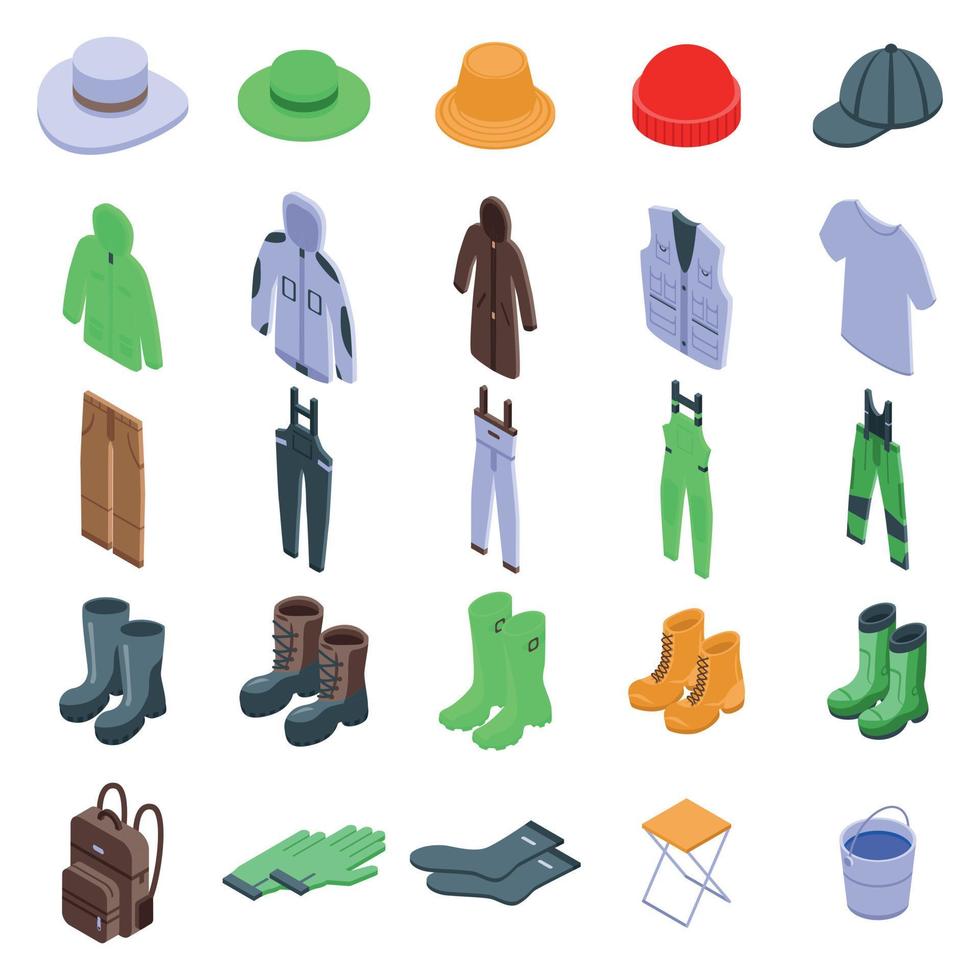 Fisherman clothes icons set, isometric style vector