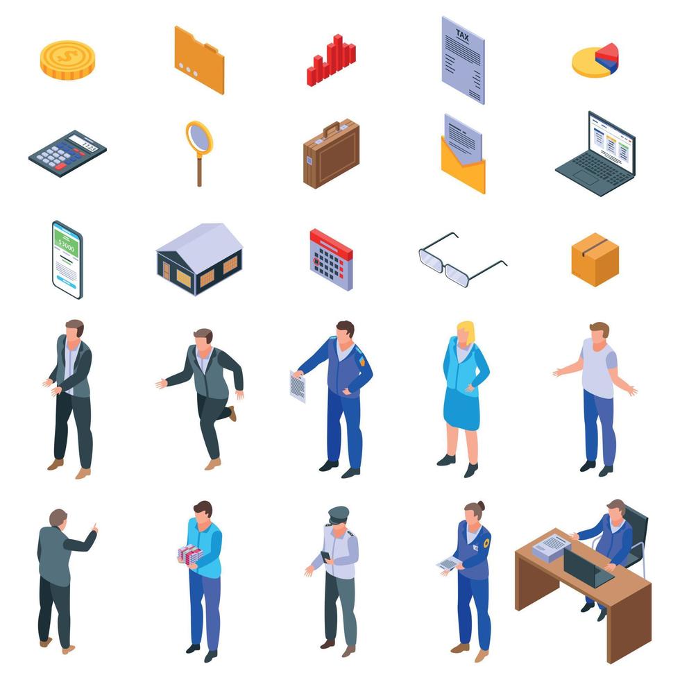 Tax inspector icons set, isometric style vector