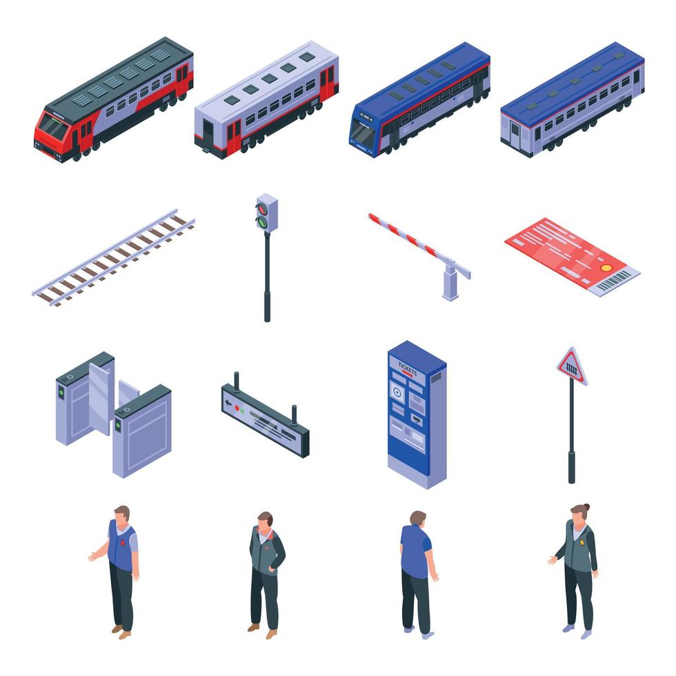 Electric train driver icons set, isometric style vector