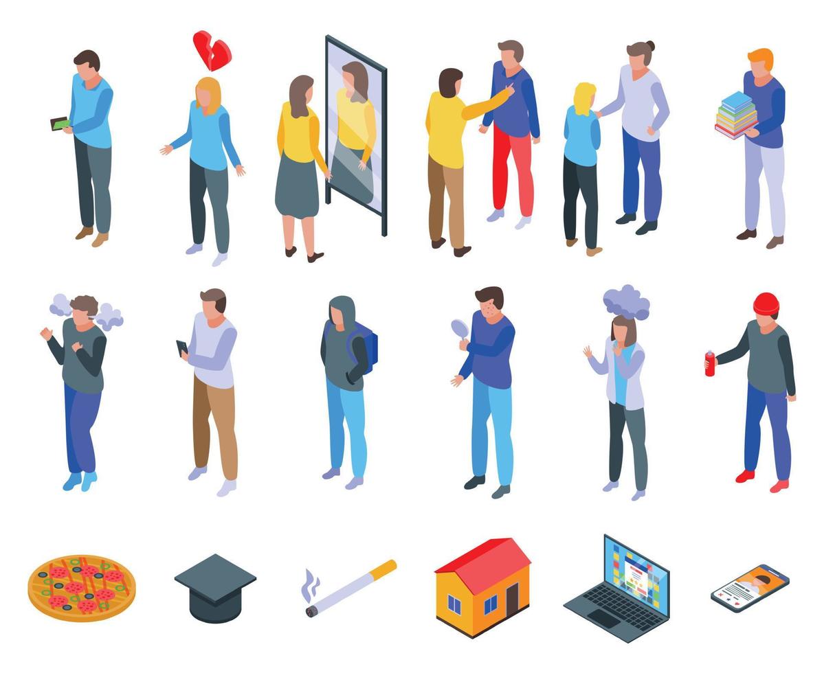 Teen problems icons set, isometric style vector