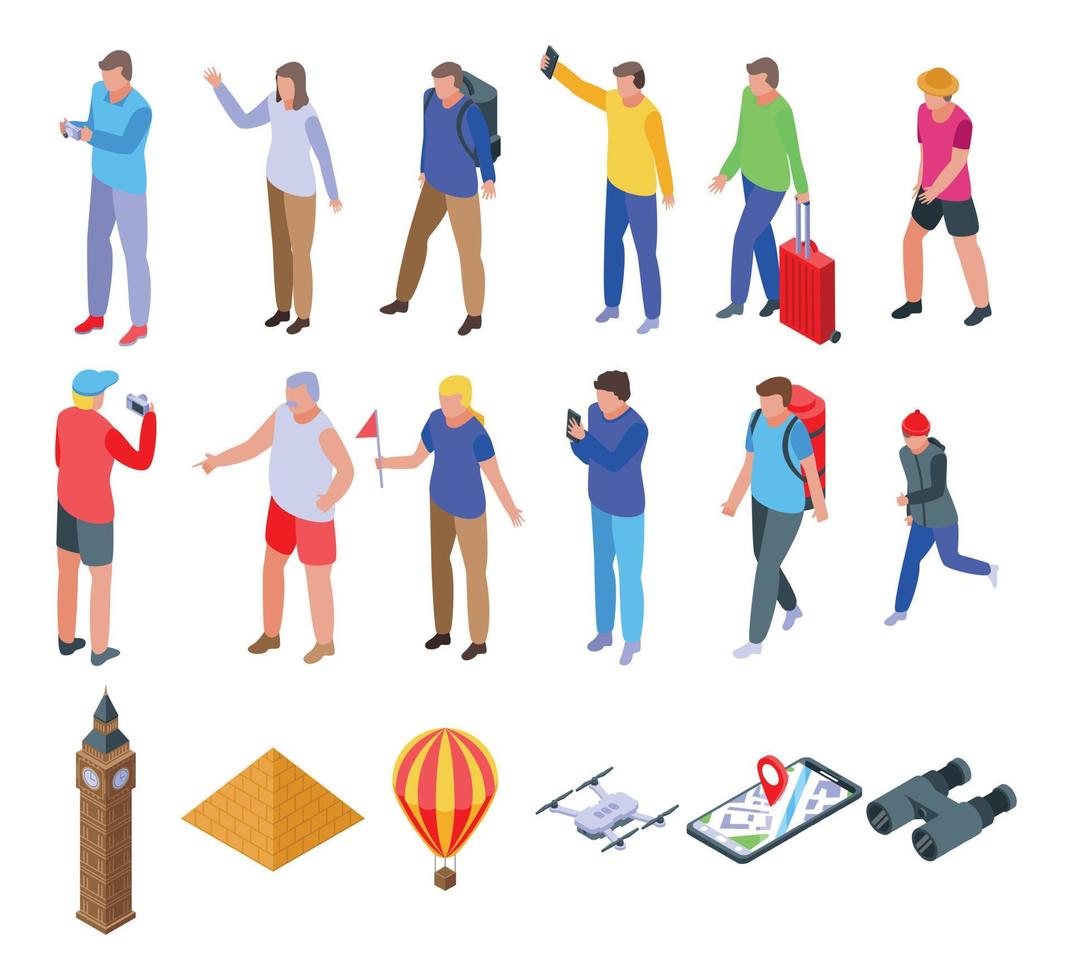 Sightseeing icons set, isometric style vector
